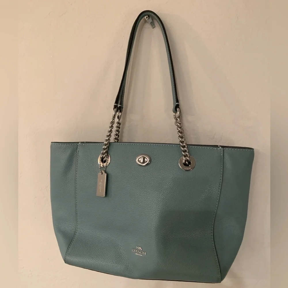 Coach Light Blue Pebbled Leather Chain-Handle Tote - Picture 1 of 5